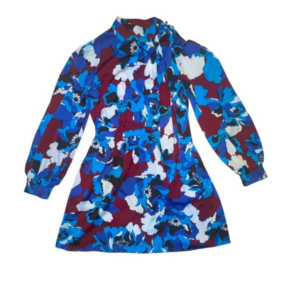 Who What Wear Long Sleeve Mock Tie Neck Dress Blue Floral Pockets Size Small